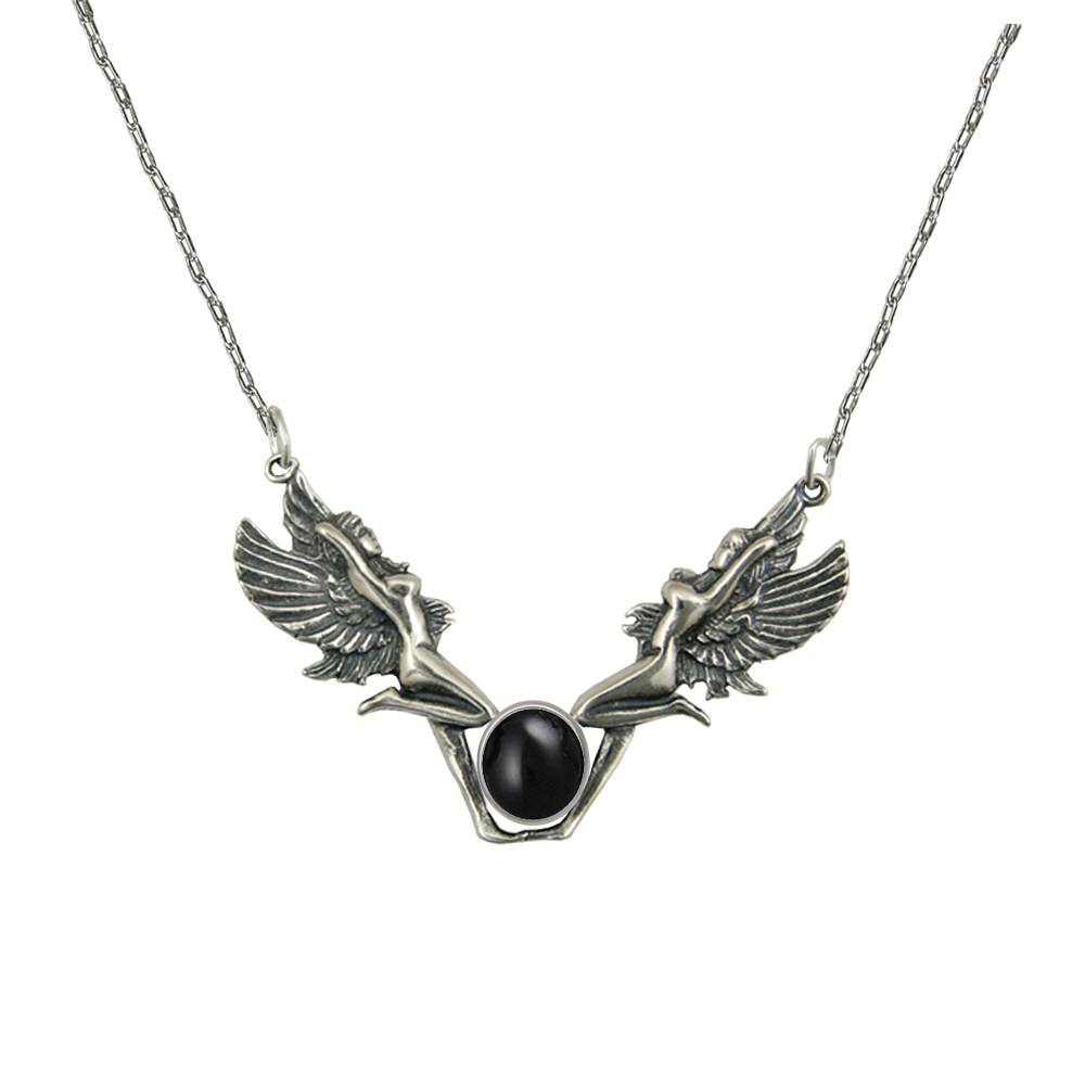 Sterling Silver Double Fairies Necklace With Black Onyx